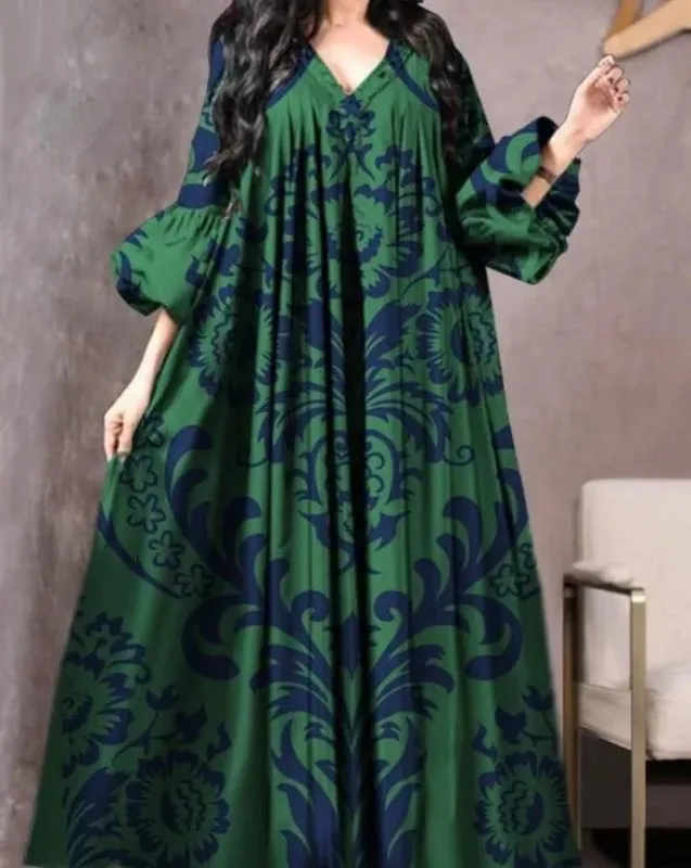 Vestido estampado Vintage para mujer, bata suelta transpirable de Oriente Medio, informal, manga larga, Abaya con cuello en V, Abayas musulmanas