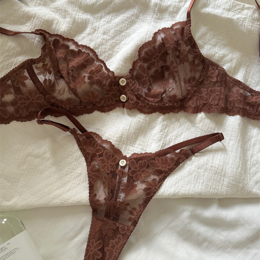 Ensemble de lingerie sexy ultra-fine à boutons décoratifs, broderie florale en dentelle, soutien-gorge et string respirants pour femme