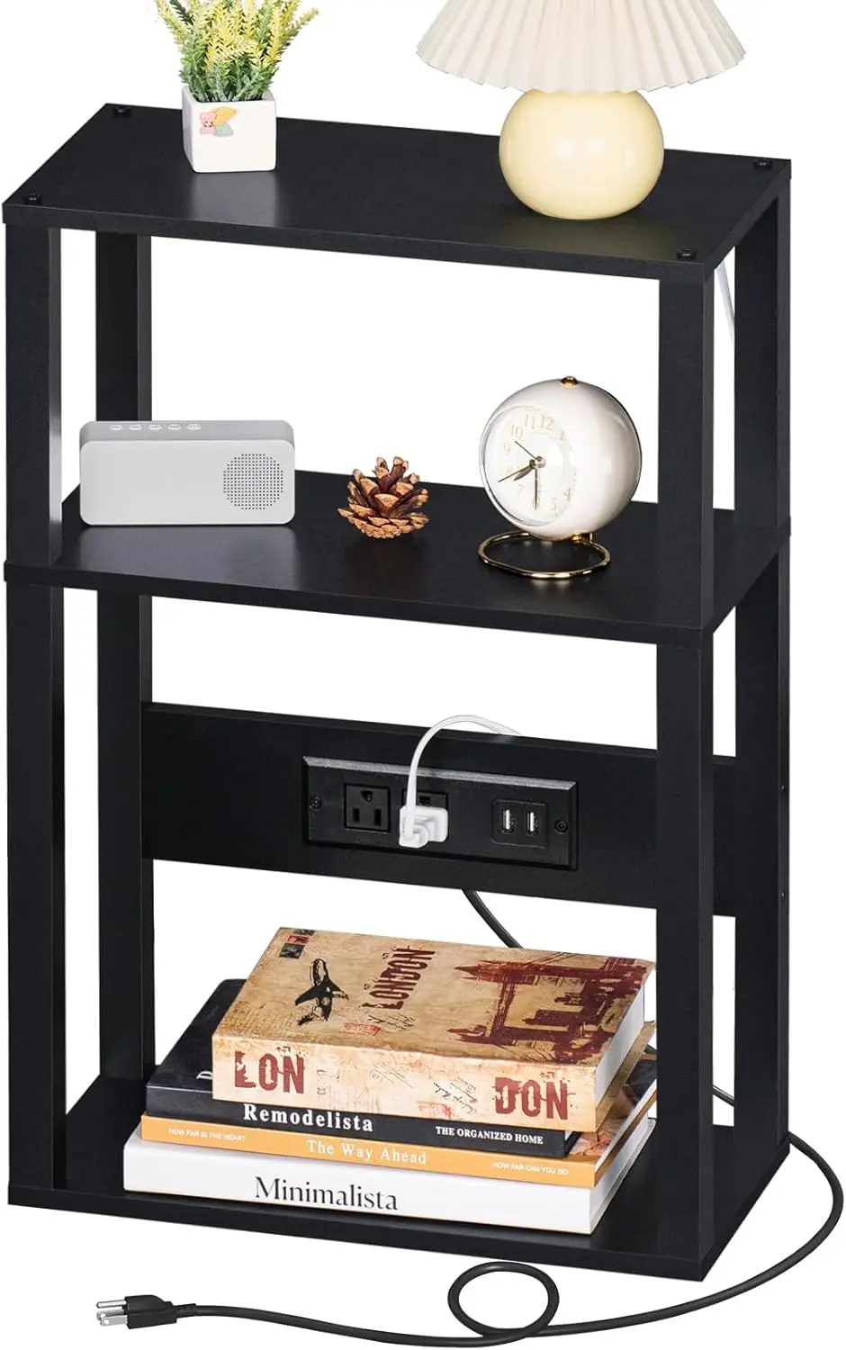 

3-Tier Small Narrow Wood Side Table with Charging Station, Skinny Nightstand for Small Space, Slim Bedside Table with St