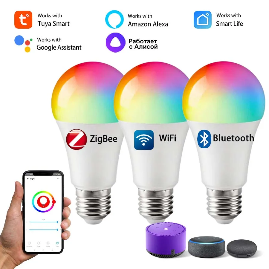 Tuya inteligentna żarówka Led Wifi Zigbee Bluetooth E27 inteligentne życie Alexa asystent Google Alice Smartthings RGB 220V 110V ampułki