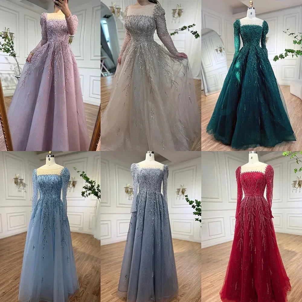 Luxury Square Collar Long Sleeves Beads Evening Dresses Elegant Sequined Draped A-Line Party Gowns Floor Length Prom Dresses