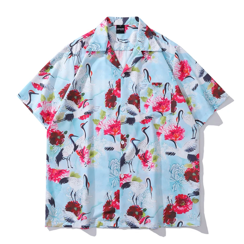 Flower Full Print Holiday Beach Shirts Men Women Summer Front Pocket Hawaiian Shirts Man