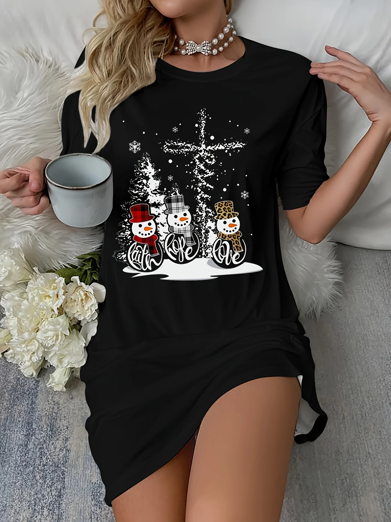 Dames Fun Kerst 3D Gedrukt Sneeuwpoppen Patroon T-shirt Jurk Comfortabele A-lijn Damesjurk Kerstkostuum Y2k Kleding