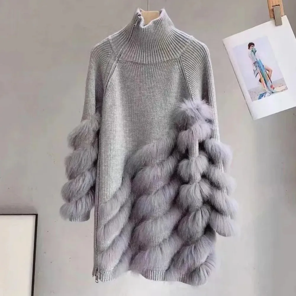 2024 Sweater Real Fox Fur Lady Fashion Knitted Cardigan Women High Collar Solid Color Pullover Sweater Women Wool Winter Warm