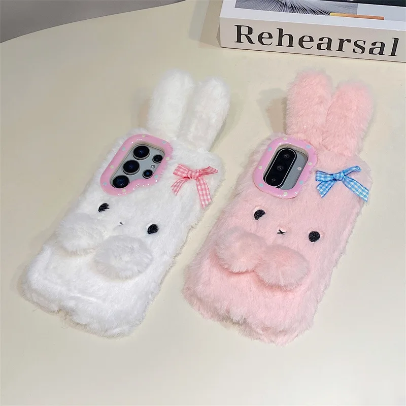 Koren 3D Cartoon Bowknot Rabbit Ears Warm Furry Plush Phone Case For Samsung Galaxy S23 24 25 26 Ultra Plus A57 Shockproof Cover view 4