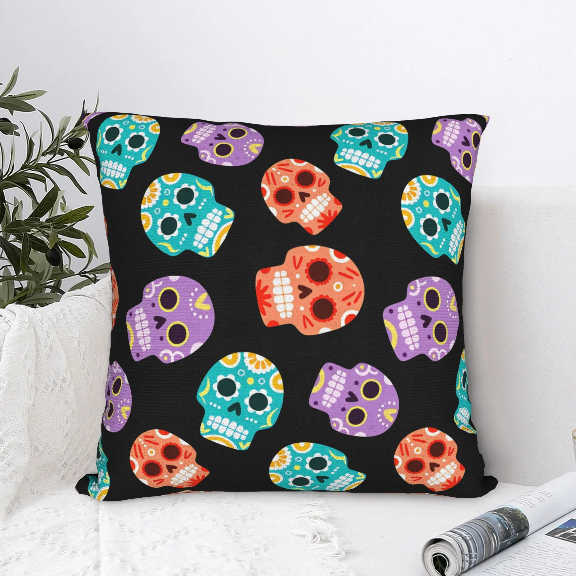 Black Grey Skull Face Día de los Muertos Pillow Case  Retro Trendy Pillow Cover Comfy Pillowcases For Chair Sofa Home Decor