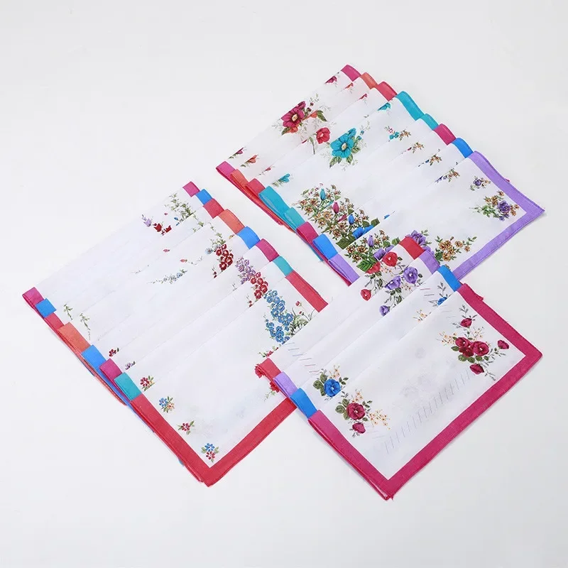 6Pcs 28x28cm 100% Cotton Flower Women Lady Handkerchiefs Sweat Wiping Square Scarf Reusable Hand Towel Wedding Party Gift