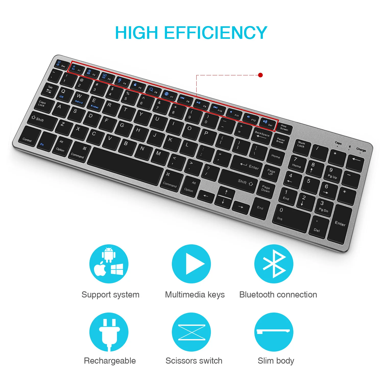 Bluetooth Keyboard Rechargeable Portable BT Wireless Keyboard with Number Pad Full Size Design for Laptop Desktop PC Tablet