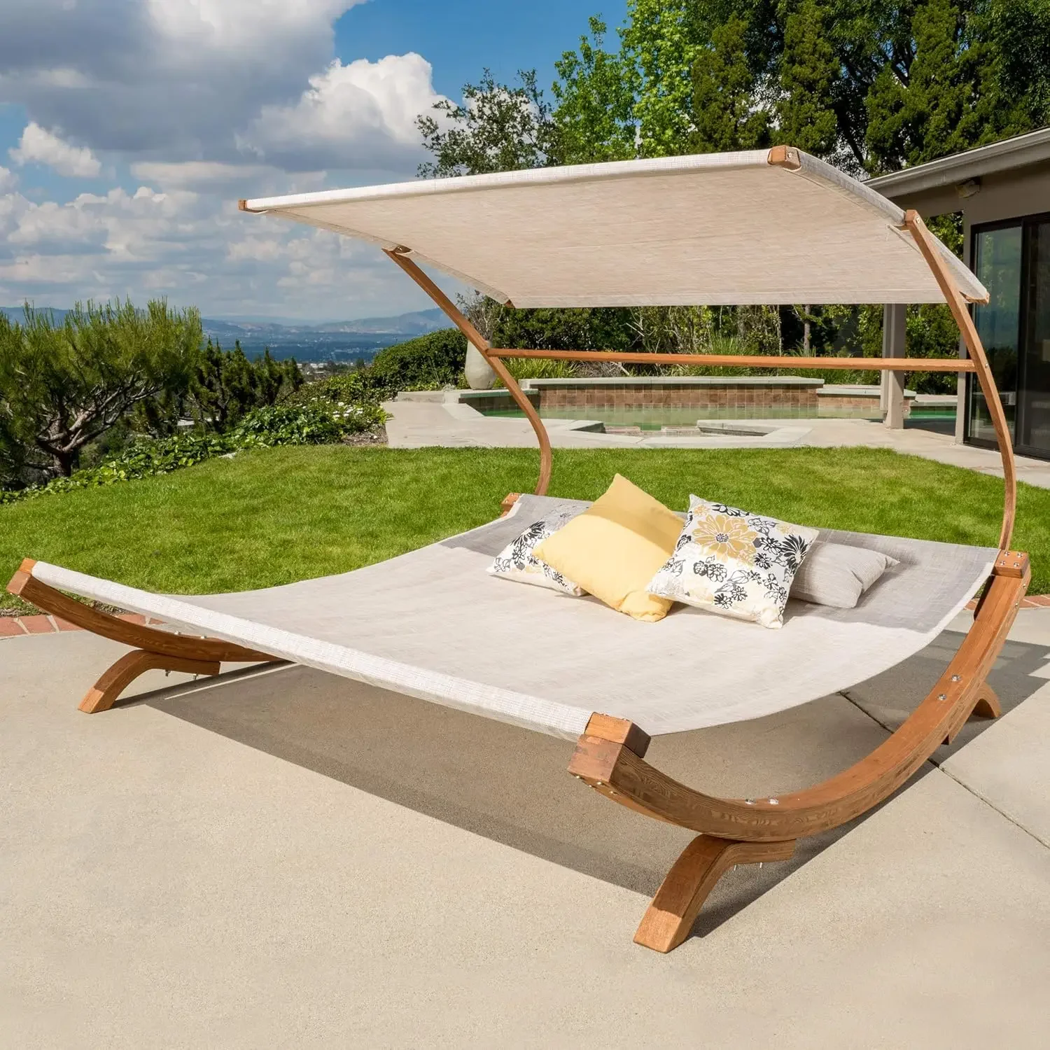 Bblythe Outdoor Patio Lounge Daybed Hammock With Adjustable Shade Canopy, Teak|