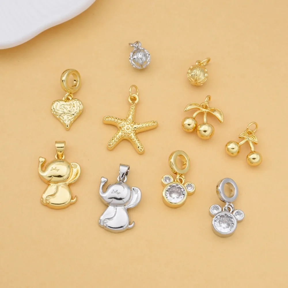 4 Pcs Copper Plated Vintage Pendant DIY Bracelet Necklace Jewelry Making Elephant Bear Heart Cherry Starfish Zircon Accessories