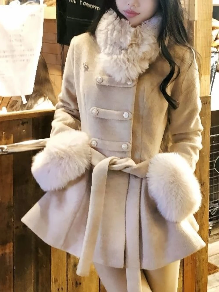 

French Elegant Cape Patchwork Coat Women Tie Autumn Winter Waist-cinching Wool Jackets Vintage Detachable Blends Cape Set 2025