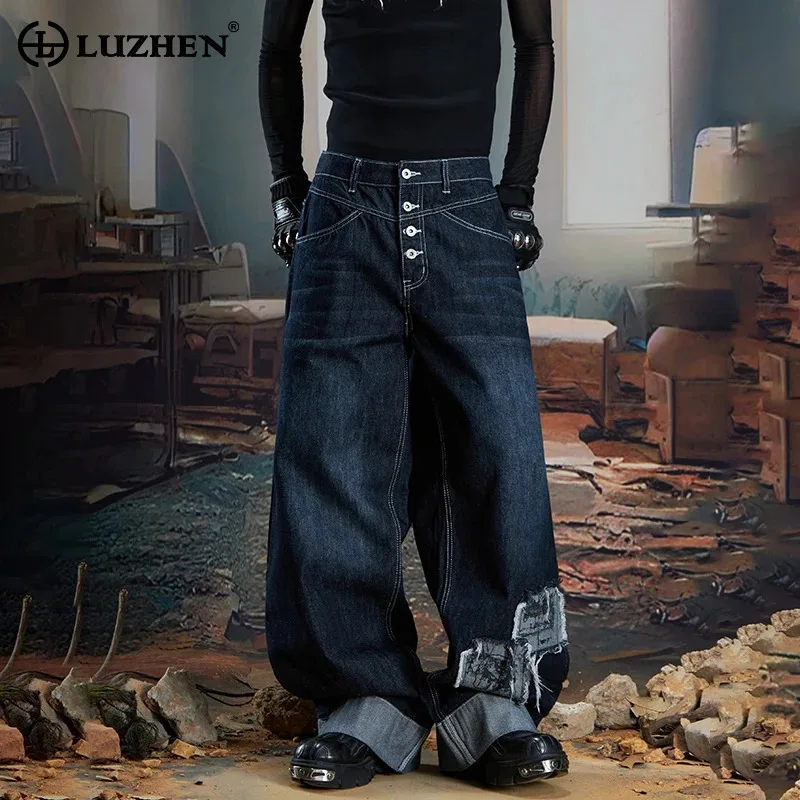 

LUZHEN модные персонализированные свободные джинсы с несколькими пуговицами в стиле пэчворк, мужские свободные джинсы, новинка 2025 года, оригинальные уличные джинсовые брюки JY4203