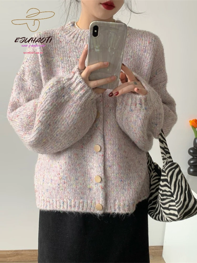 Women\'s Korean Fashion Sweater Cardigan Winter Retro Colour Mixture Yarn Knitwears Lantern Sleeves Coat Girls Sweet Pink Tops