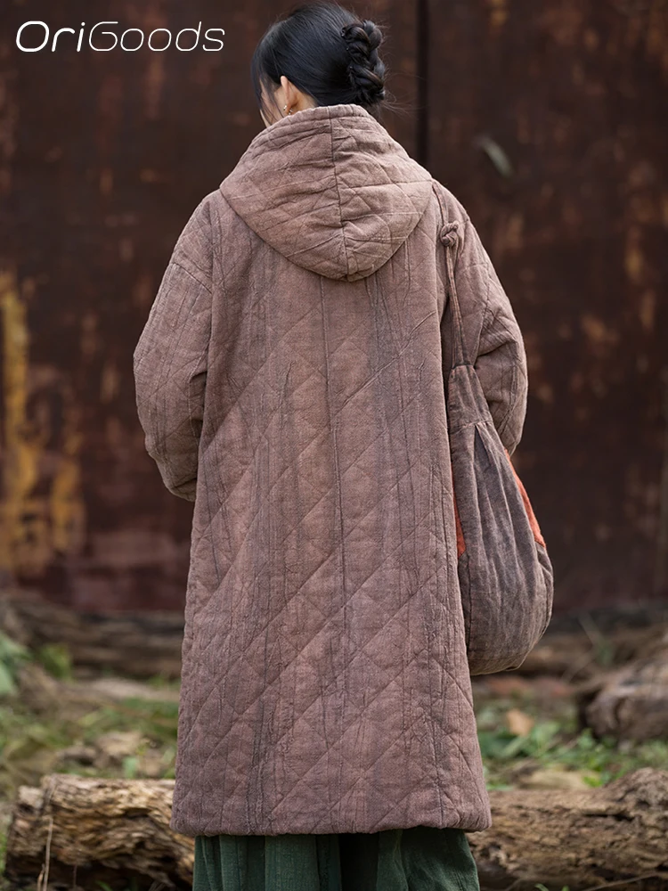 OriGoods Hooded Parka Jacket Woman Cotton Padded Winter Coat Long Warm Vintage Oversized Chinese Winter Clothes Outerwear B356
