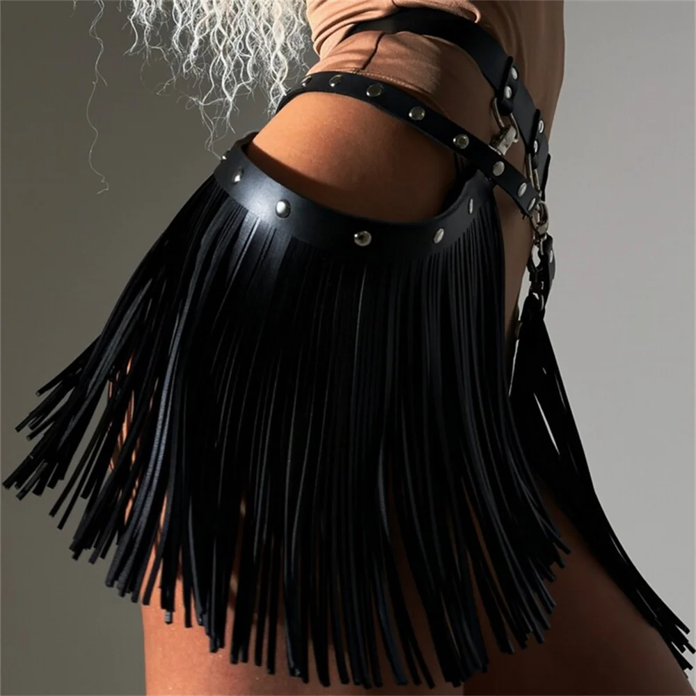 Tassels Leather Cage Skirt  With Fringe Body Fetish Sexy Harness Women  Bondage Party Suspender Belt Goth Christmas Accessories