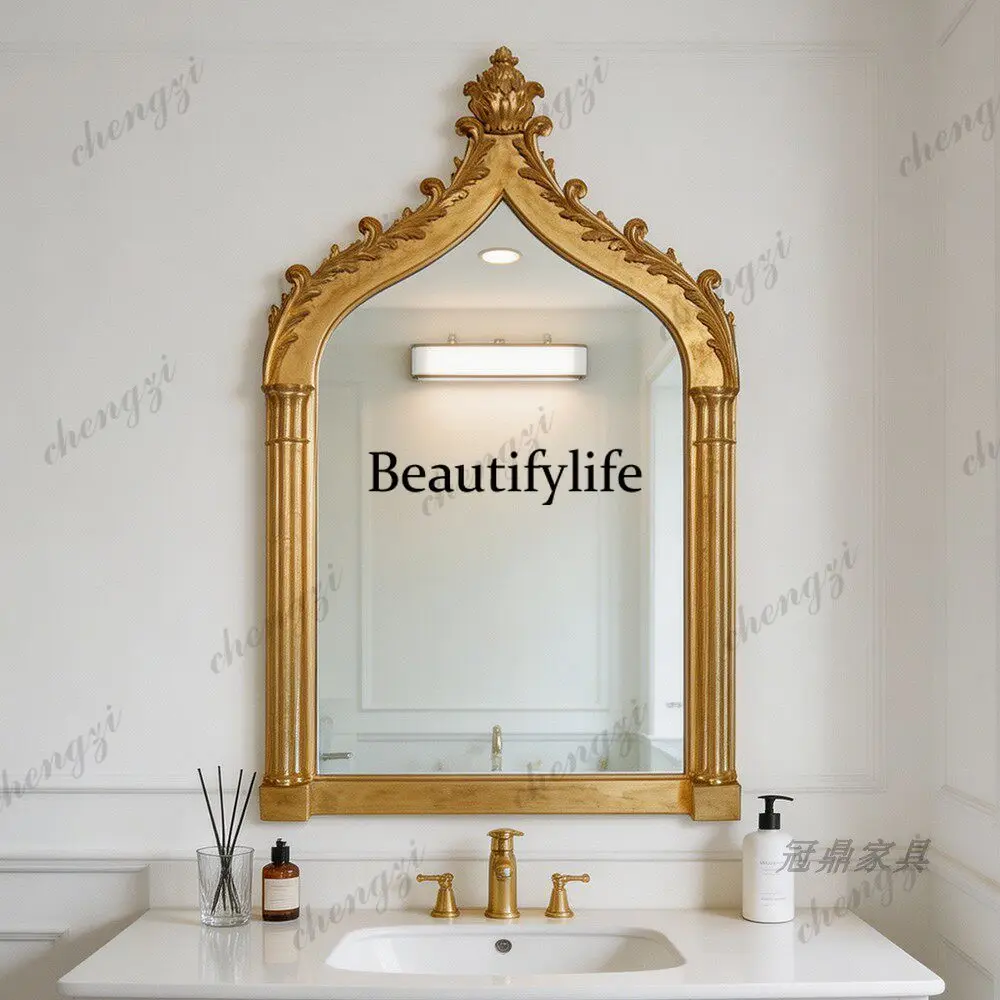 French retro style carved arched vanity mirror antique style household fireplace decorative mirror American style