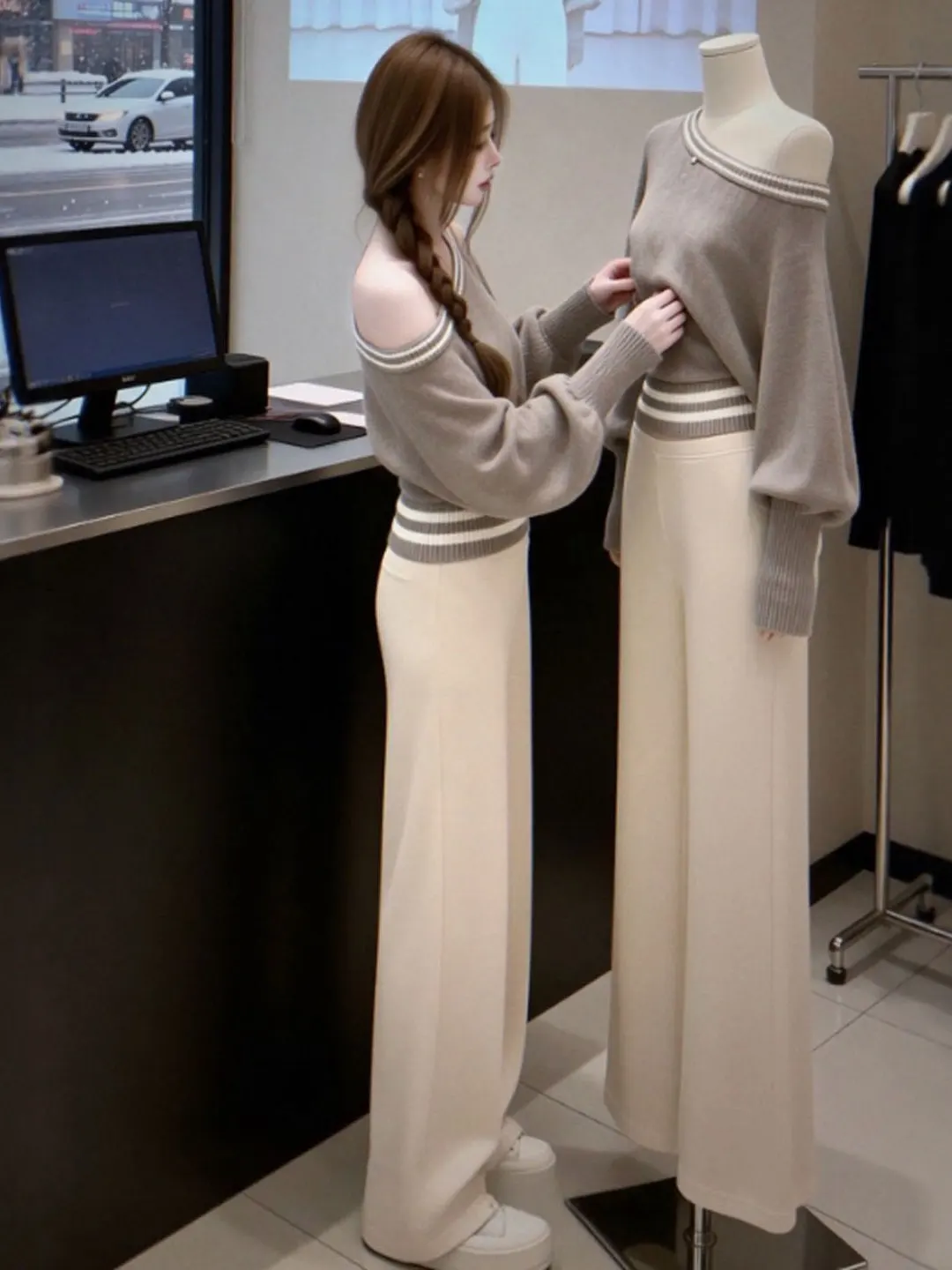 

Корейский свитер с эффектом похудения, с открытыми плечами и длинными рукавами, уникальный дизайн, весенняя мода, женский вязаный топ