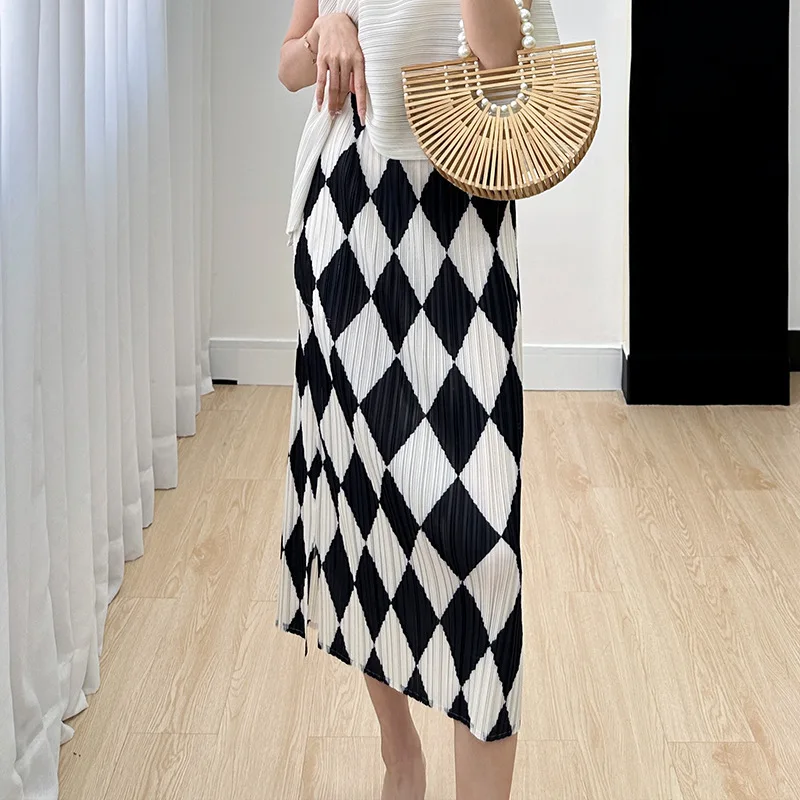 Miyake-Falda plisada con estampado de diamantes para mujer, prenda informal y cómoda, elegante y ajustada, novedad de verano, 2024
