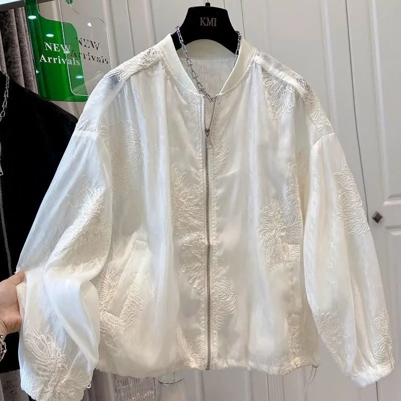 

Весна/лето 202, кружевная модная солнцезащитная одежда с круглым вырезом и вышивкой, женская куртка, свободная бейсбольная одежда, летнее издание