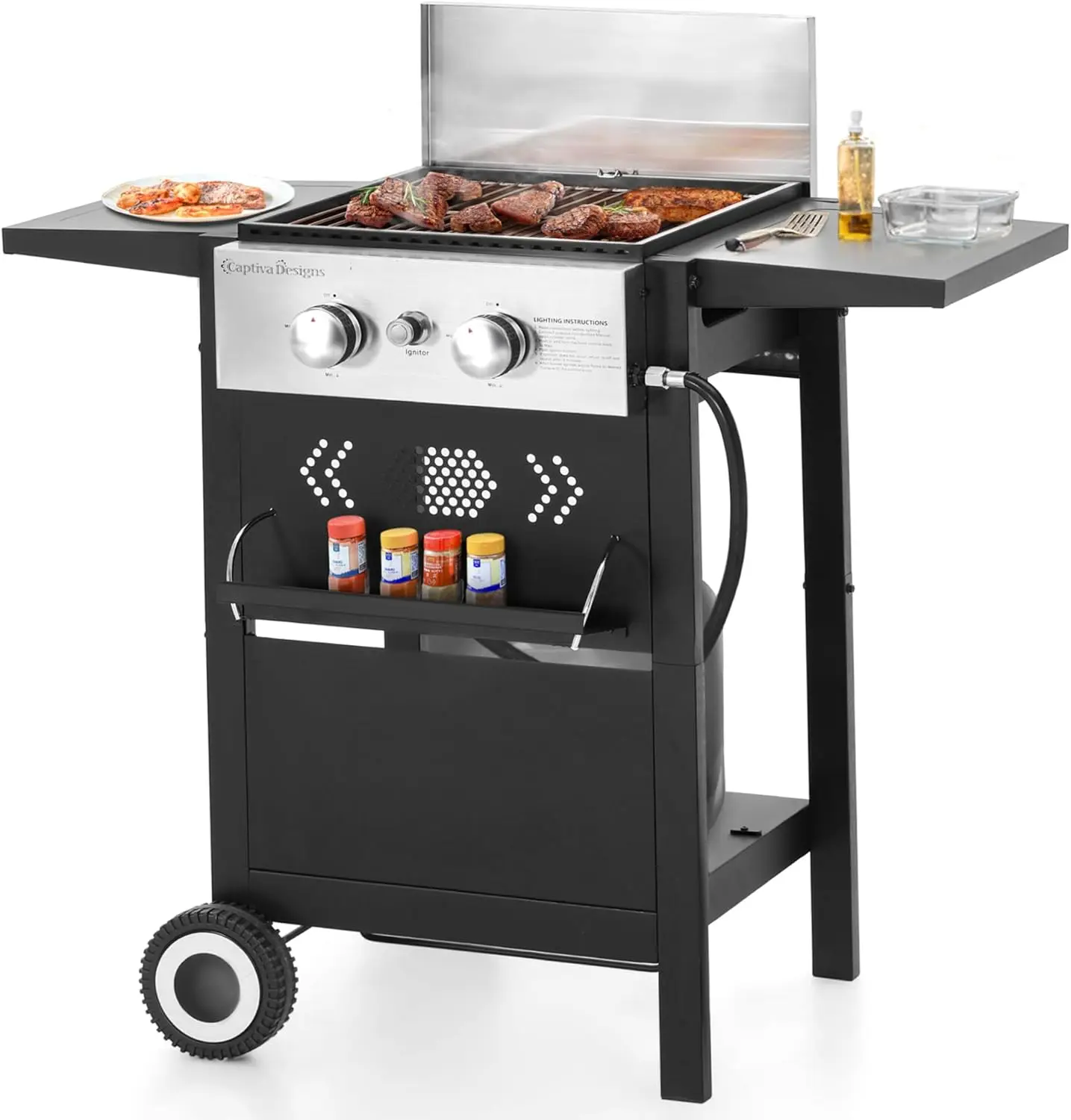 2-Burner Gas BBQ Grill With Flat Top, Small Outdoor Propane Barbecue Grill with Side Shelves,Lid and Hose & Regulator