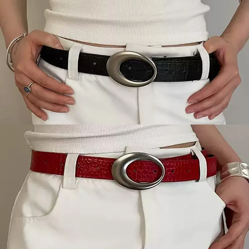Vintage American Belt Crocodile Lines for Women Men Fashion Pu Leather Punk Metal Buckle Jeans Pants Advanced Red Waist Belts