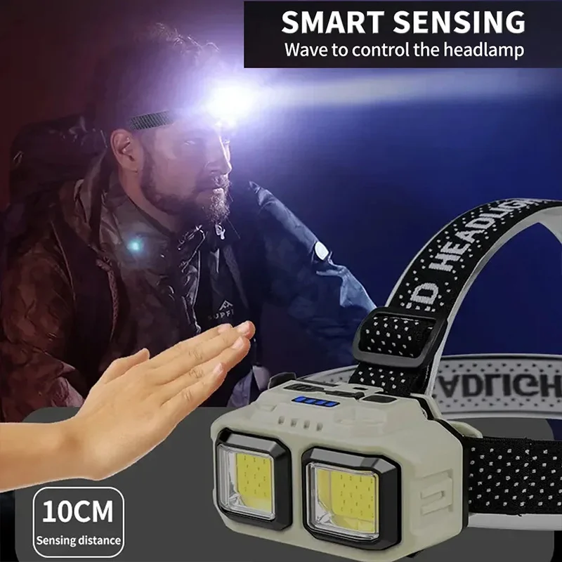 High Power Bright LED Headlamp, Wave Sensor 5 Modes Adjustable USB Rechargeable Industrial Headlight, Camping Cycling Fishing