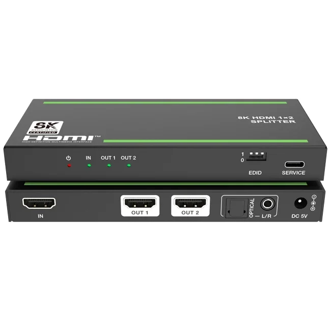 48Gbps hdmi 2.1 الفاصل 4k 120hz 8k 60hz 1 في 2 خارج البصريات دعم وظيفة إزالة الضمان الصوتي لنظام المسرح المنزلي