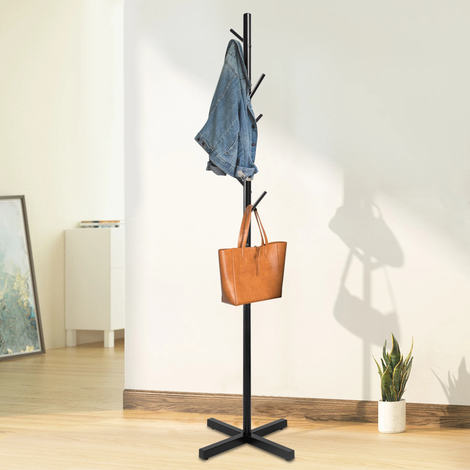 

Modern Coat Rack 7 Hooks Stand Black Iron Tree Design Free Standing for Hats Scarf Bag Storage Organizer Home Office Entryway