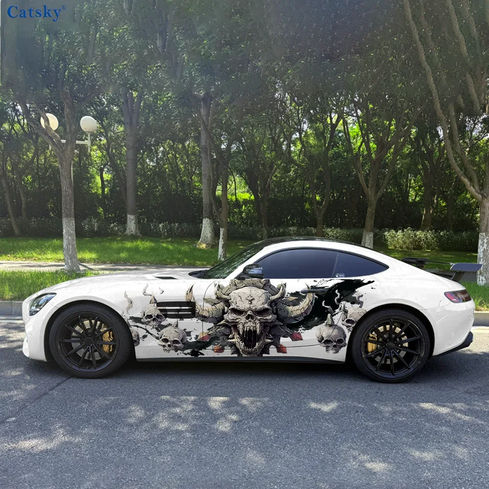 Long Horned Skull Fangs Car Vinyl Wraps Decal Self-adhesive PVC Sticker Suitable for Trucks SUV Decoration Auto Accessories Gift