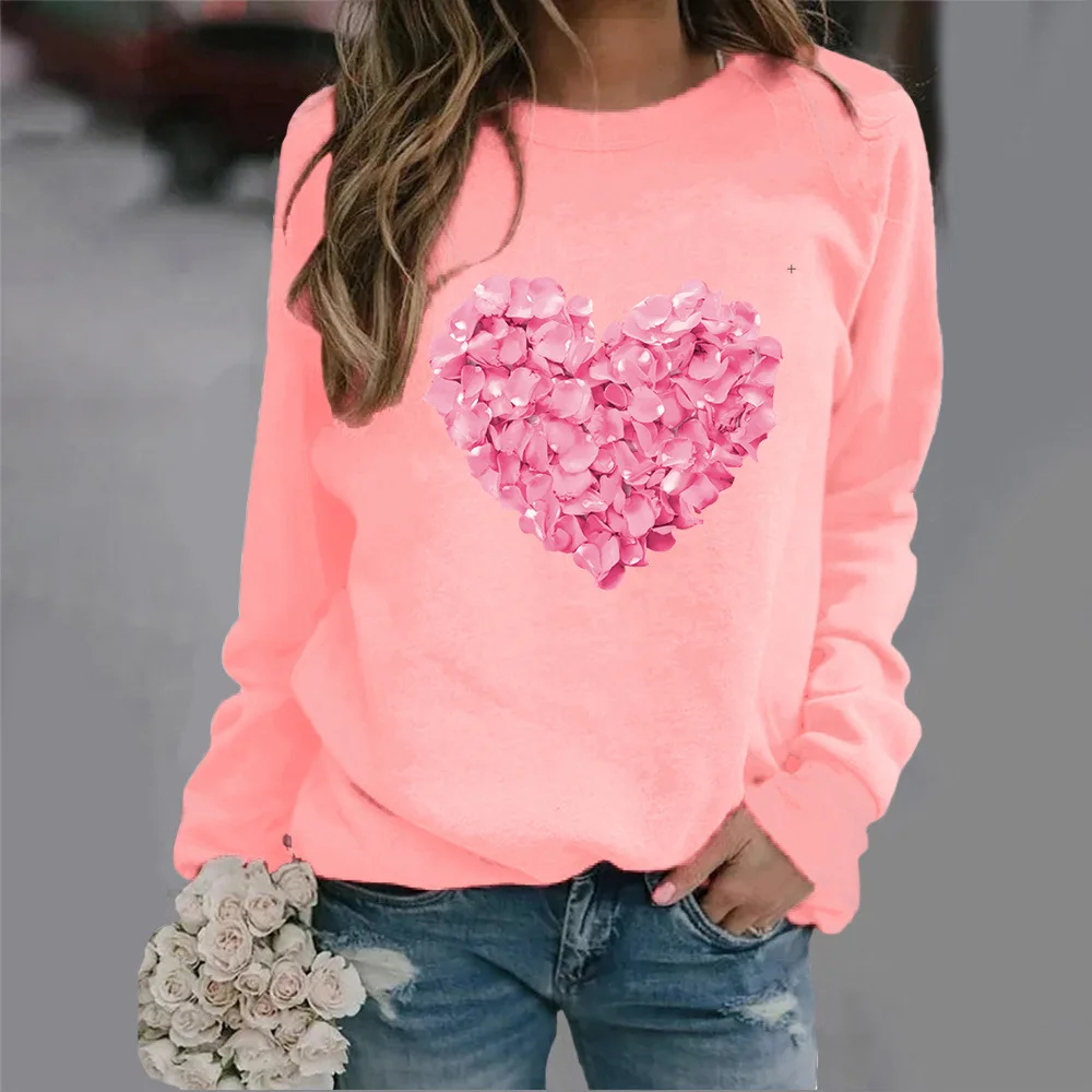 Crew-neck Hoodie Pink Petal Love Print New European and American Valentine\'s Day Hot Sales Streetwear Women Sweatshirt