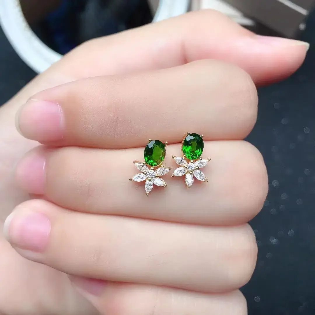

Cute Small Silver Gemstone Stud Earrings 4mm*5mm Natural Diopside Earrings Solid 925 Silver Diopside Jewelry Gift for Girl