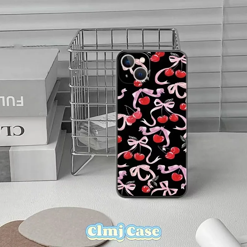 Clmj Korean Cherry Bow Phone Case For iPhone 16 11 13 12 Mini 14 Plus 15 Pro X XS Max XR 7 8 Se 2020 Silicone Protective Case