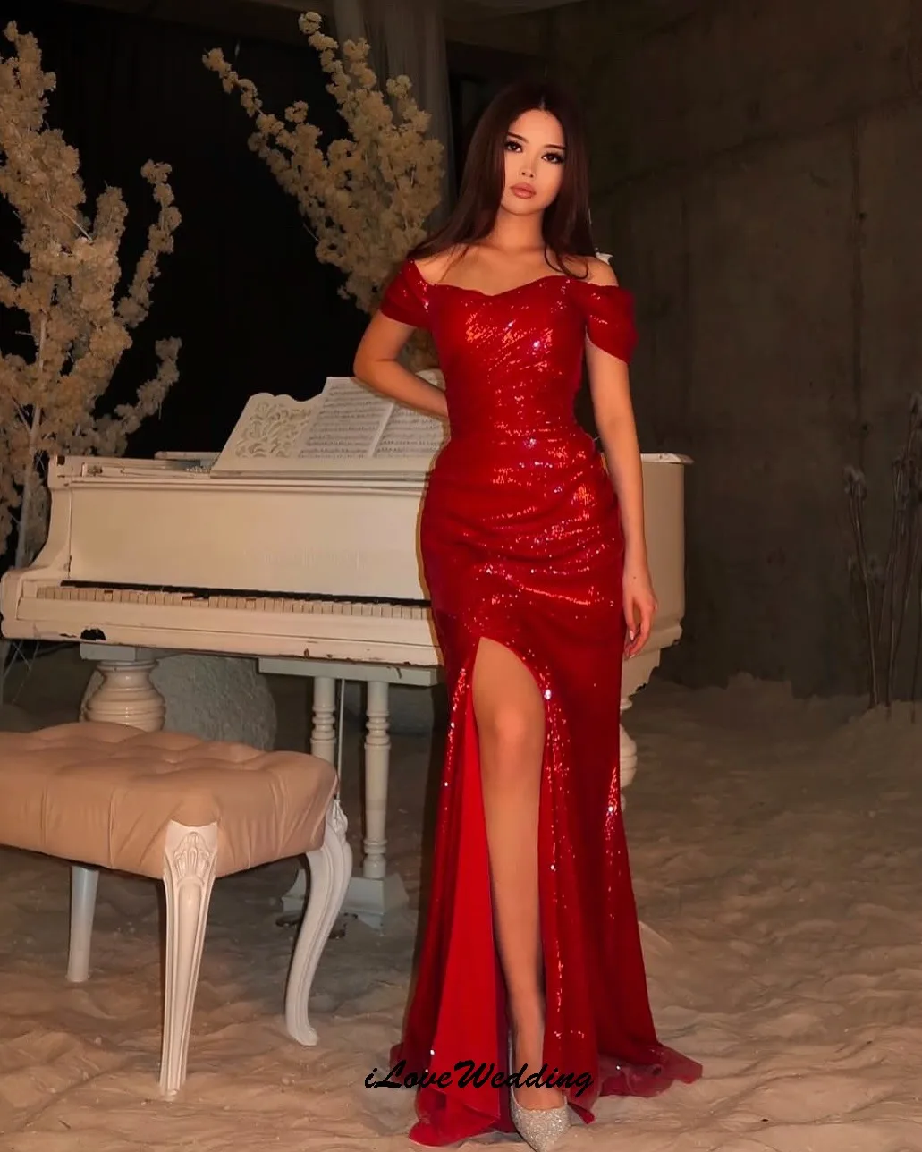 

Red Off The Shoulder Mermaid Prom Dresses 2025 Sequin V-Neck Woman Party Dress Luxurious Evening Dresses Ruched Gala Customized