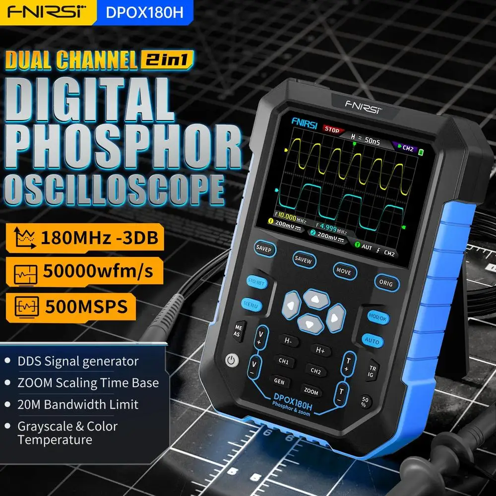 DSO180H Digital Phosphor Oscilloscope 2 in 1 Handheld DDS Signal Generator 180Mhz Bandwidth 500MSa/s IPS Display Feature Fast