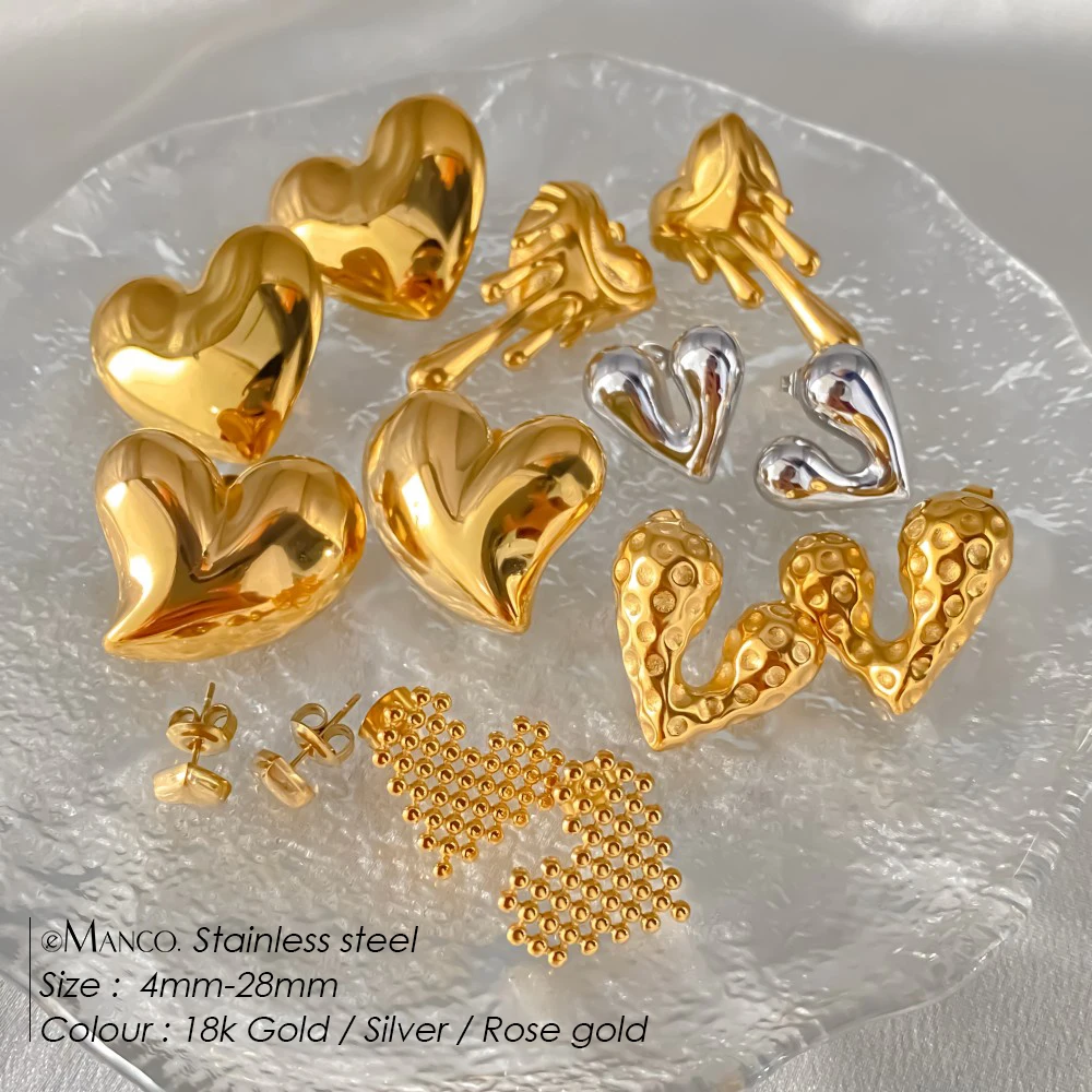 eManco Golden Heart Earrings Set Stainless Steel Stud Piercing Earrings Hip Hop Minimalist Style for Women\'s Jewelry