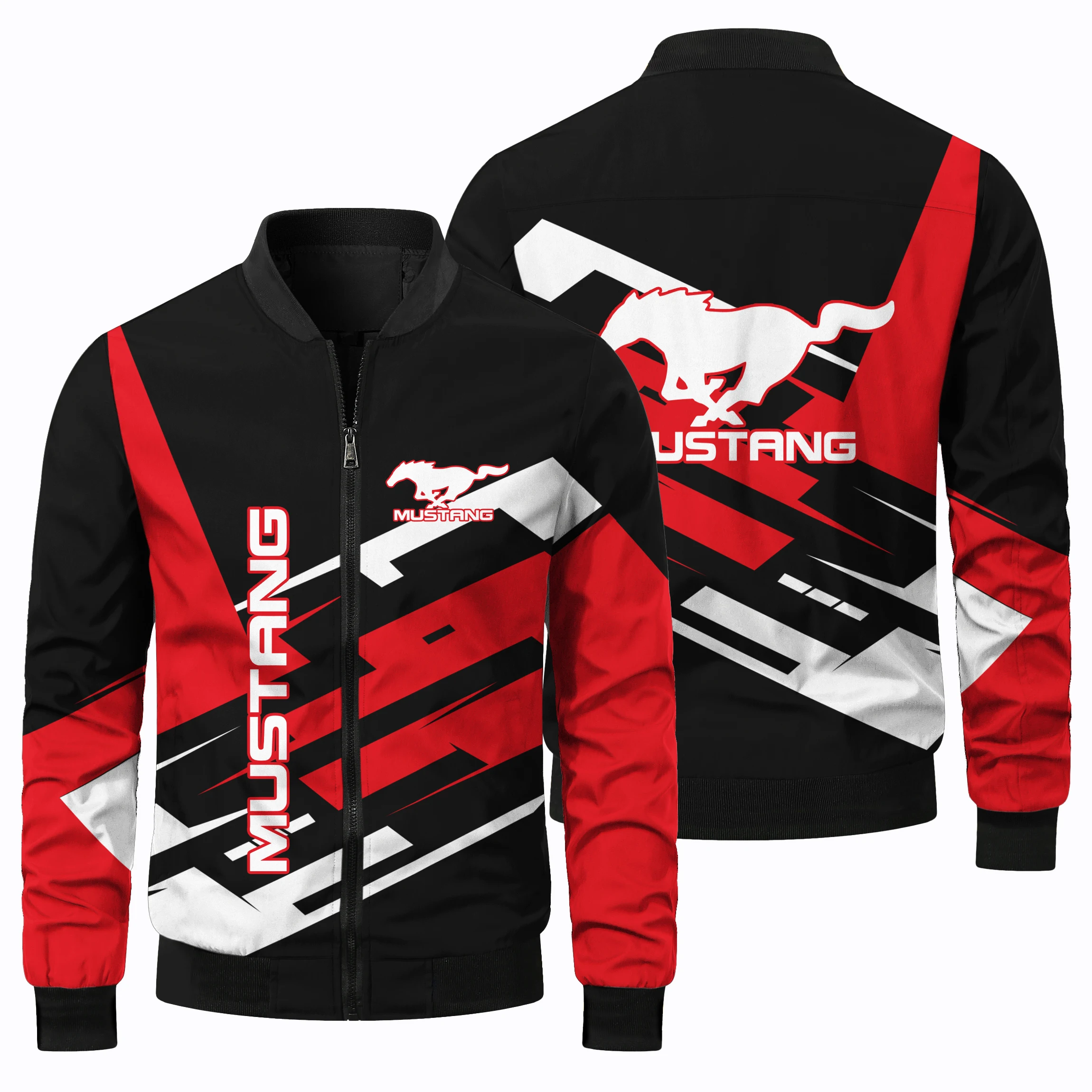 3D Racing Mustang Pattern Jacket Fashion Zipper Top Daily Outdoor Sports Off-Road Cycling Clothing Round Neck Casual Jacket