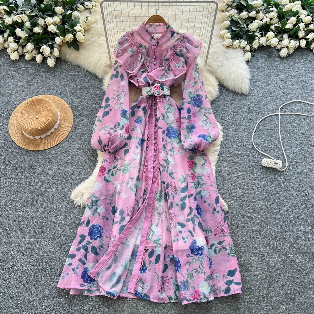 

Print Women Belted Dresses A Line Ruffles Dress Ankle Lenth Long Lantern Sleeves Waist Cinch Loose Casual Elegant 2025 Spring