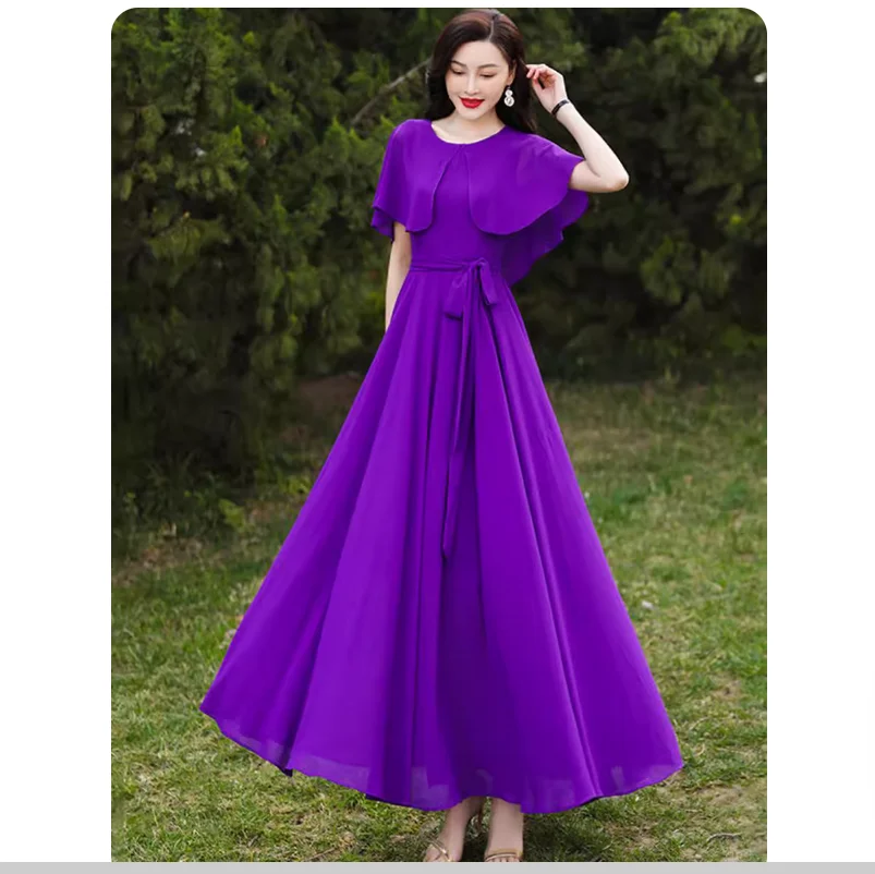 

Temperament Chiffon Dress Purple Cloak Big Swing Skirt Seaside Vacation Long Dress