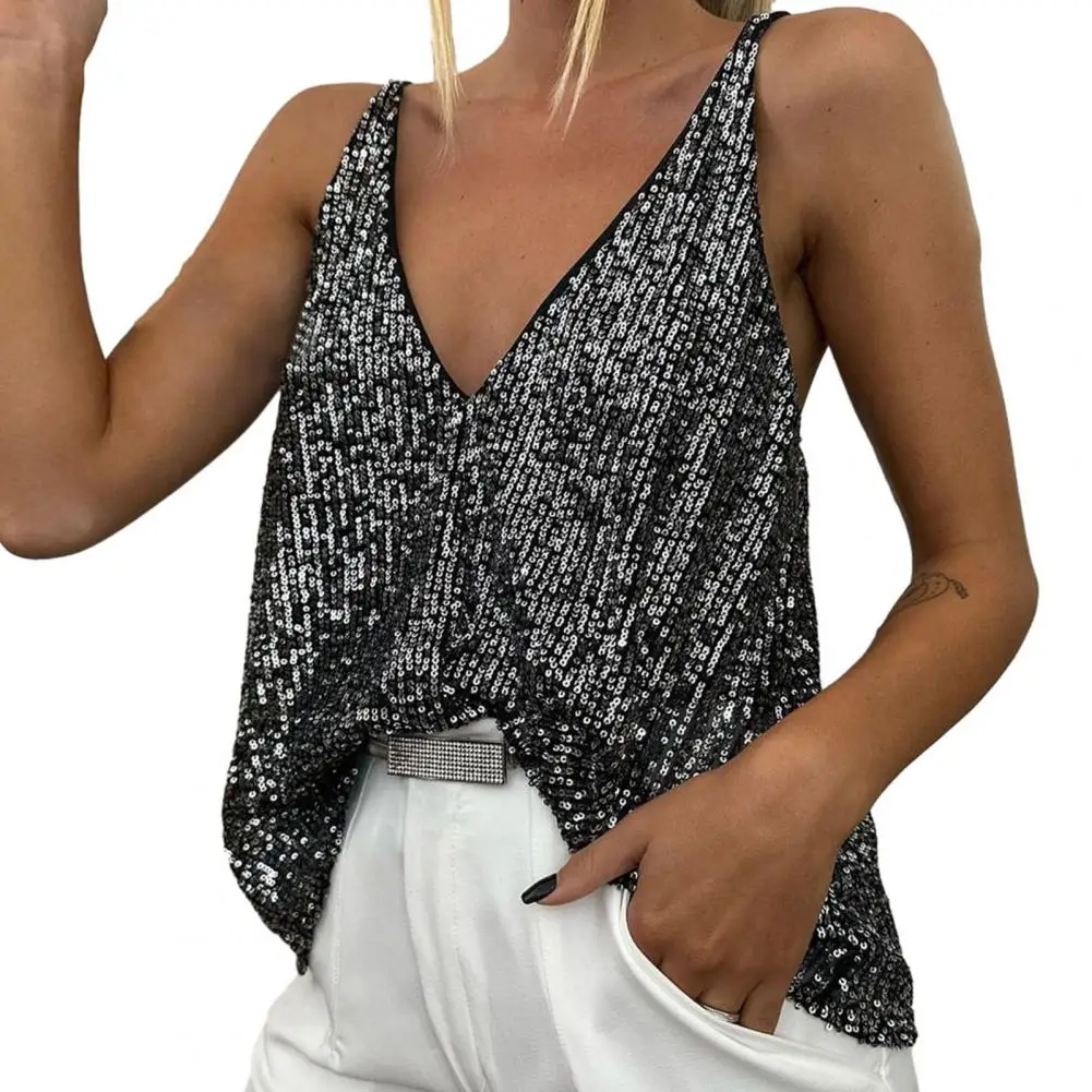 

Sequin Tank Top Sequin V Neck Camisole Top for Women Shiny Party Club Vest with Backless Design Soft Loose Summer Tank V-neck