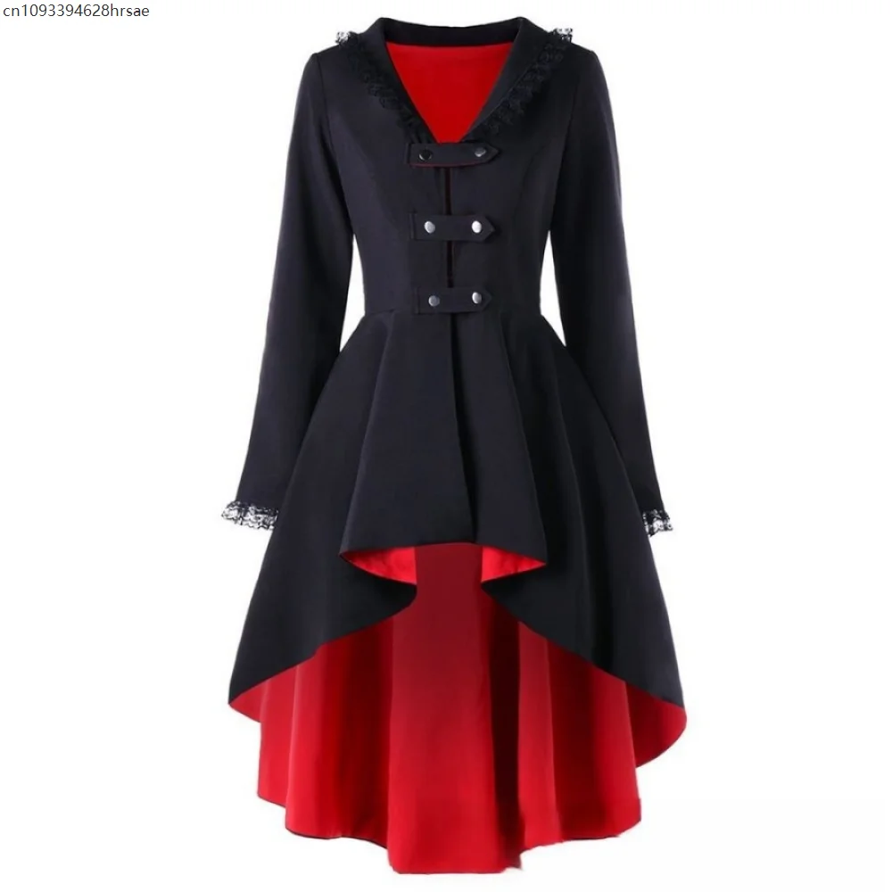 

Medieval Gothic Coat Women Vintage Lace Patchwork Bandage Trench Jacket Swallow Tail Outwear Halloween Carnival Dress Up Party