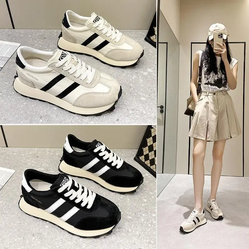 

New Authentic Leather Fashionable Sporty White Sneakers Thick Bottom Heightening Malong Shoes round Toe Low Heel Rubber Sole