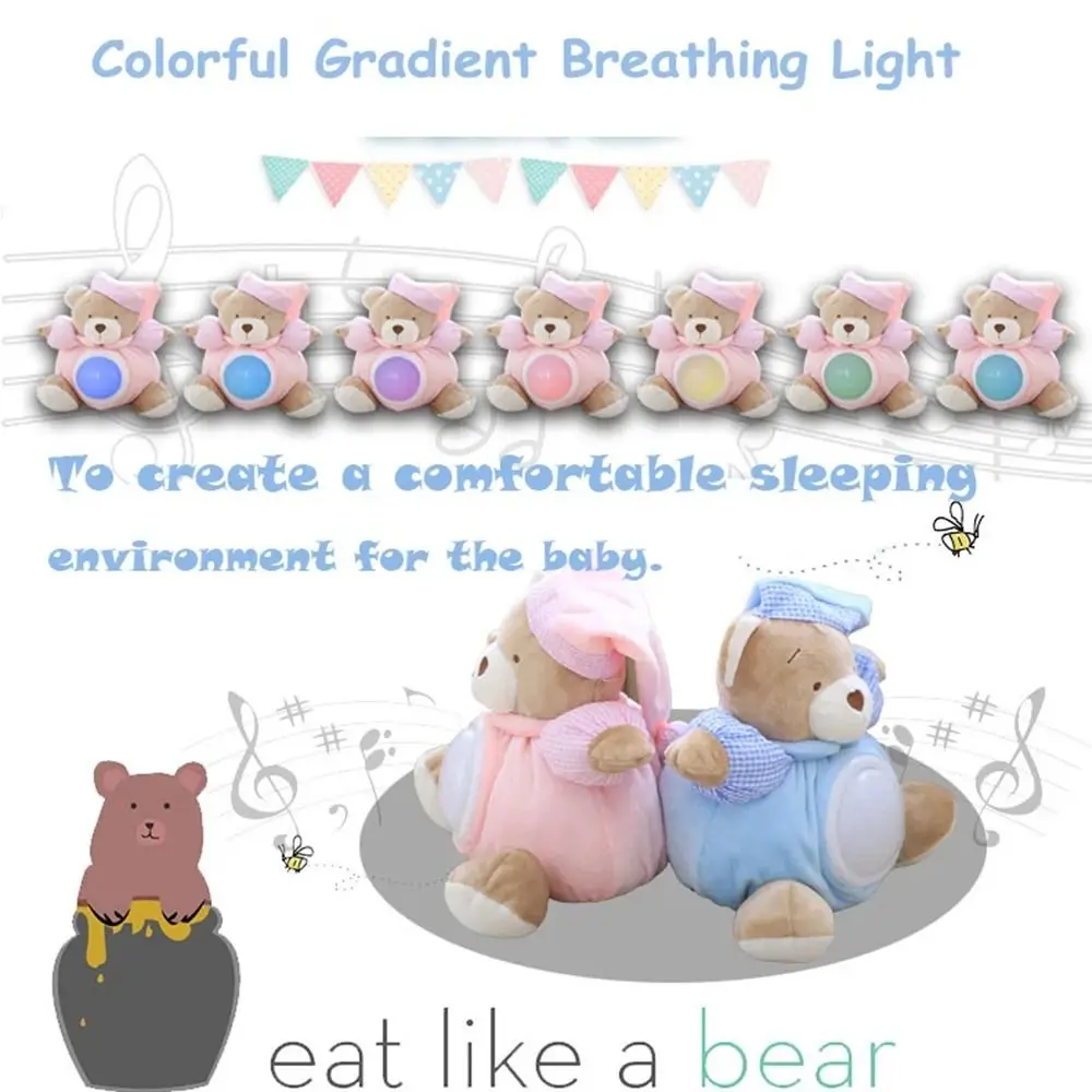 Giocattoli musicali portatili per calmare l'orso Tipo di stampa Luce respiratoria Dormire Comfort Orso Bambole interattive morbide per bambini in peluche per bambini