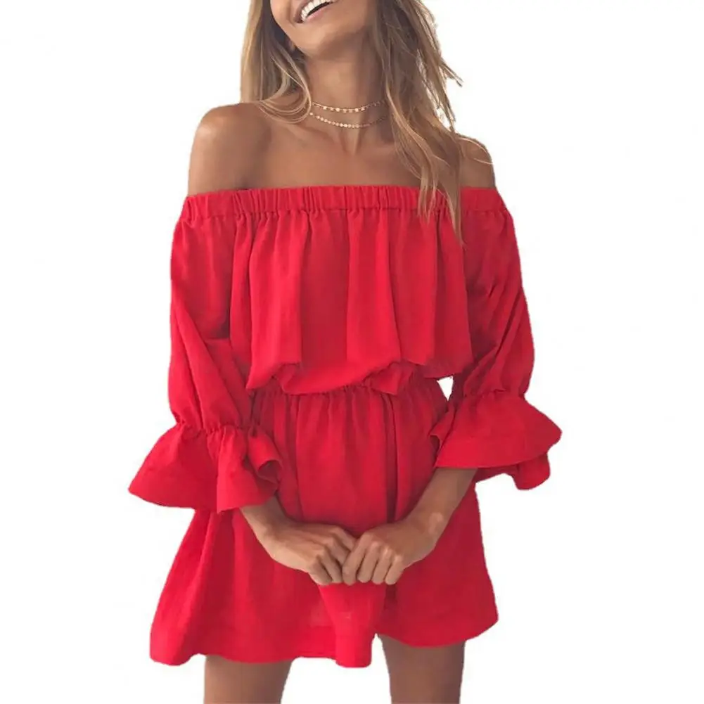 

Summer Dresses For Women Beach Sexy Off Shoulder Tunic Sundresses Casual Loose Fit Sleeve Casual Dress with Short Sleeves