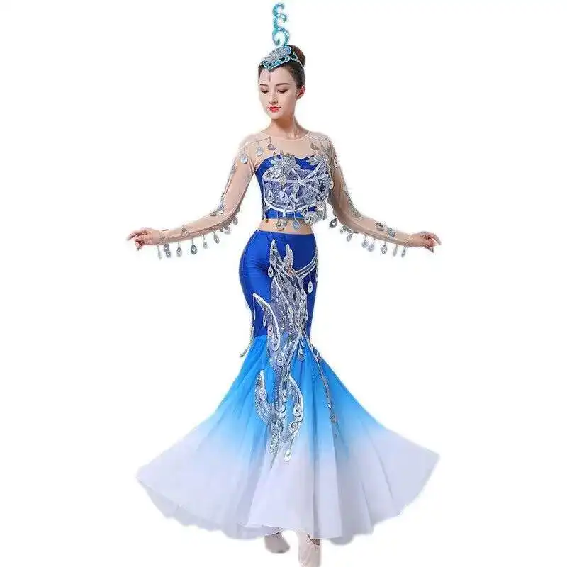 

Traditional Dancer Dai Ethnic Dress Dance Costume Peacock Dancer Dress Performance Suit Flowing Sand Sequin Skirt Pavane Dress
