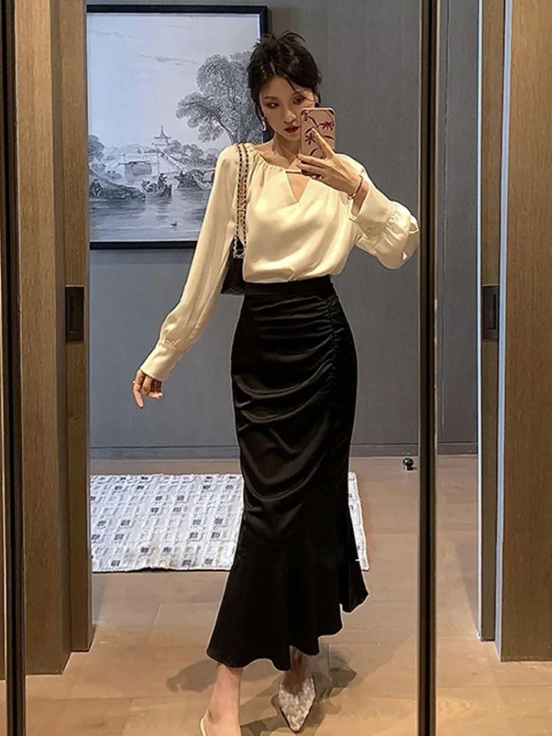 

Новый корейский модный осенний женский костюм, элегантная плиссированная рубашка с длинными рукавами + тонкая юбка-русалка с высокой талией, комплект из 2 предметов, элитный