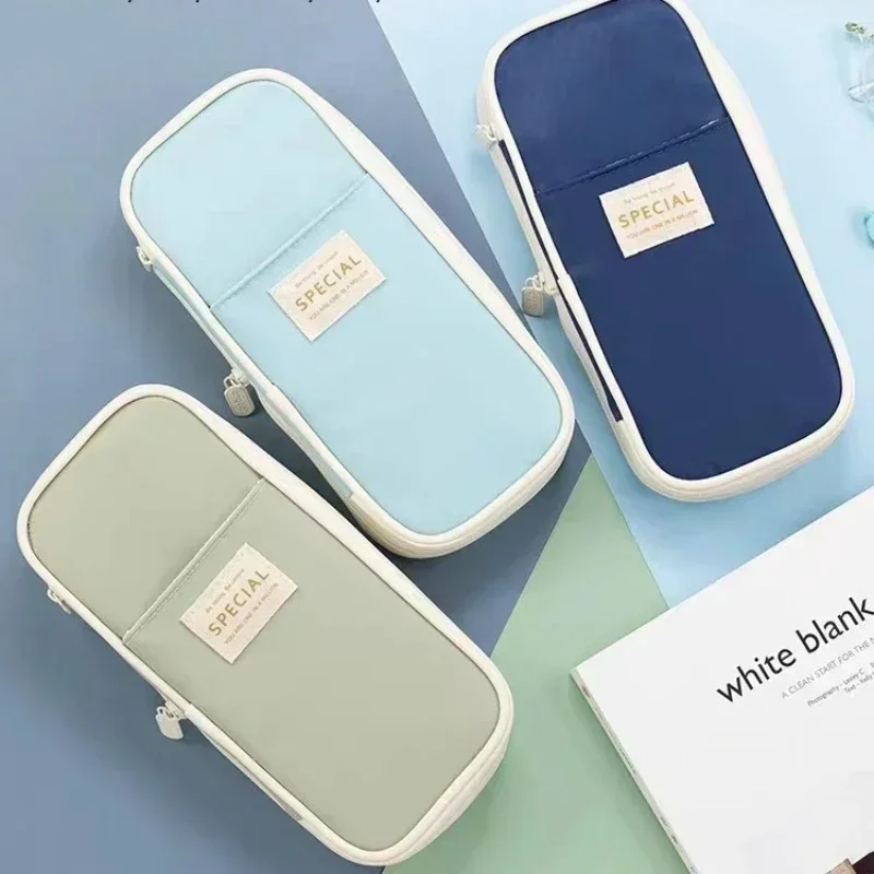Canvas Pencil Case Macaron Colour Combination Simple Double Zip Multifunctional Expandable Pencil Case Student Stationery
