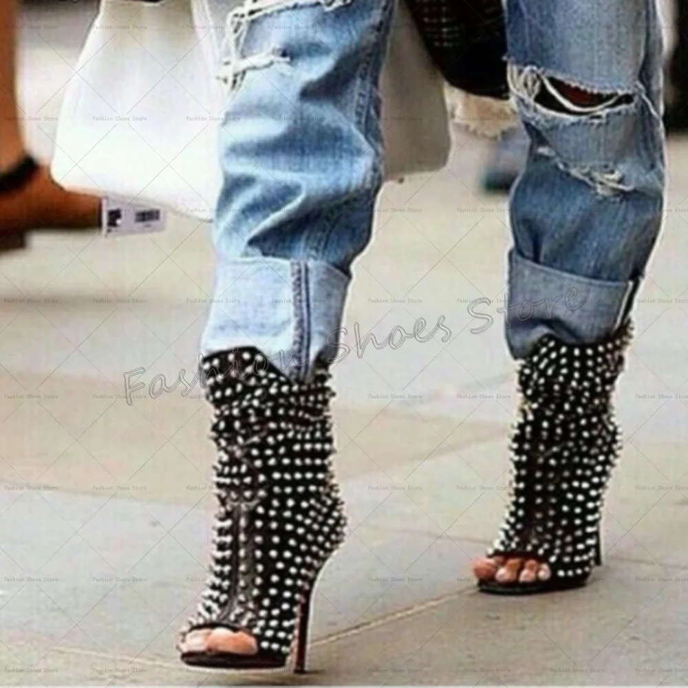 

Black Rivet Decor Rivet Decor Boots Matte Leather Thin High Heels High Heel Shoes for Women Heels 2025 New Zapatos Para Mujere