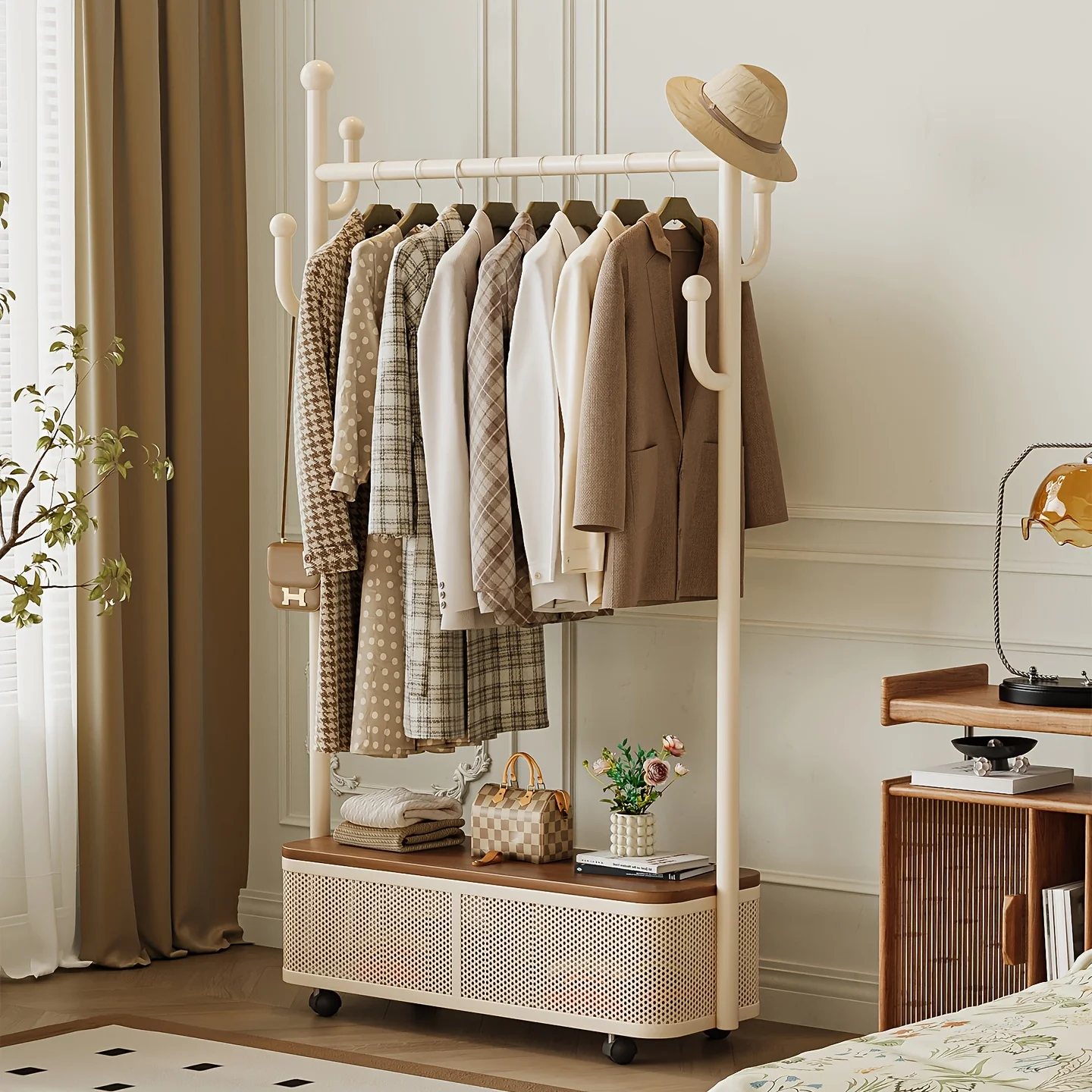 Mobile Coat Rack with Wheels & Bottom Storage Box-Creative Cactus Hook Hanger for Hats & Coats-Freestanding Rolling Garment Rack