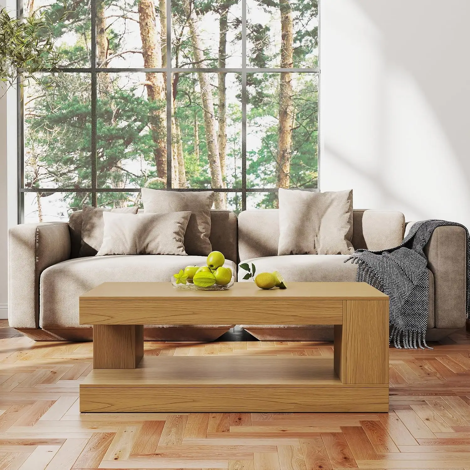 Rustic Coffee Table with Storage Shelf & LED Light, 2-Tier Wood Center Table for Living Room, 47