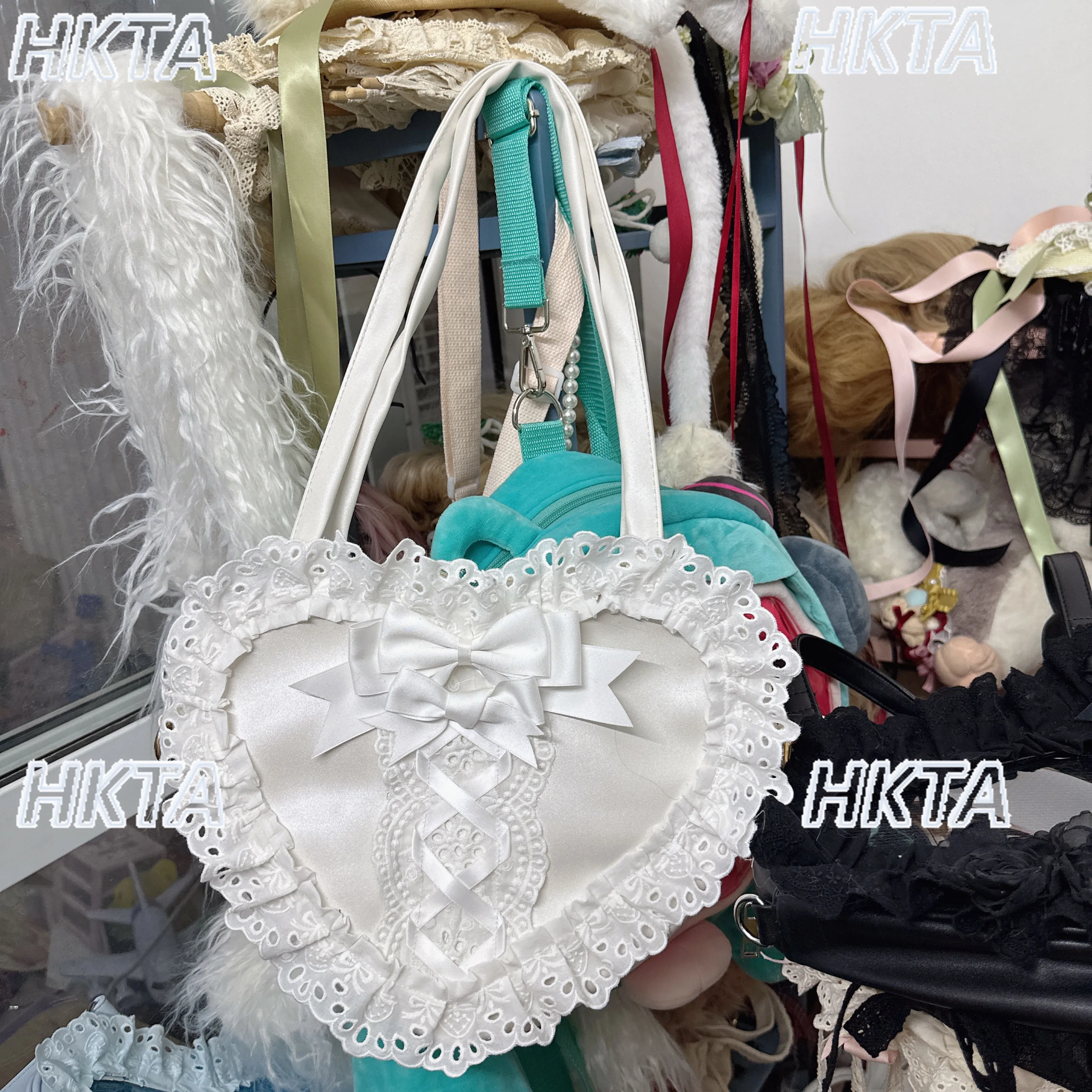 Japanese Style Element Heart-shaped Lolita Bag Women's Cute Sweet Girl Bow Lace Ruffled Edge Pain Bag Shoulder Bags Backpack